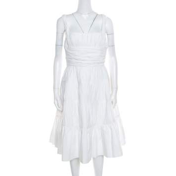 Pre Owned Rochas White Ruched Cotton Square Neck Paneled A Line Dress L 