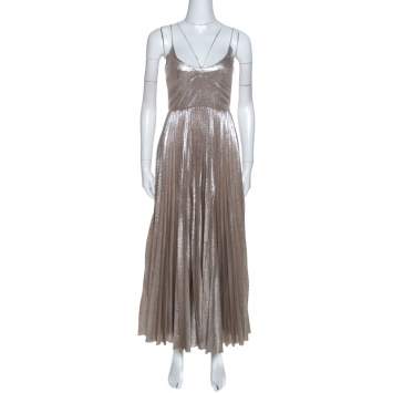 Pre Owned Rochas Silver Woven Silk Blend Sleeveless Pleated Dress M