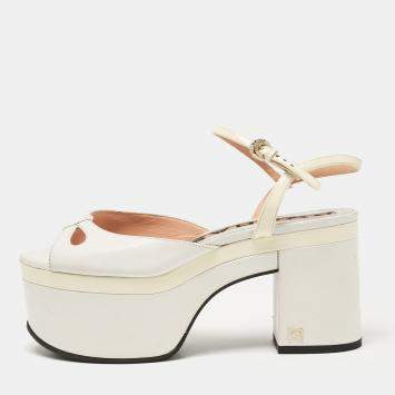 Pre Owned Rochas White Leather Cutout Platform Ankle Strap Sandals Size 38