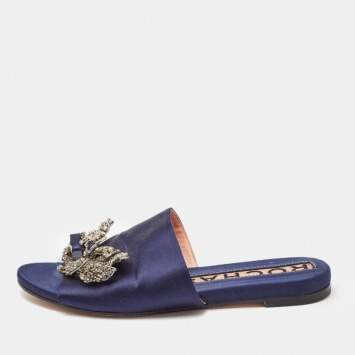Pre Owned Rochas Navy Blue Satin Crystal Embellished Bow Slide Flat Sandals Size 38
