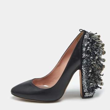 Rochas Black Leather Crystal Embellished Block Heel Pumps Size 39
