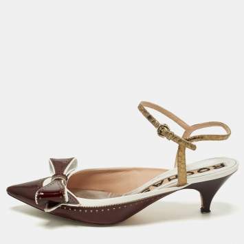 Pre Owned Rochas Size 39.5 Burgundy/White Patent and Leather Bow  Ankle Strap Pumps