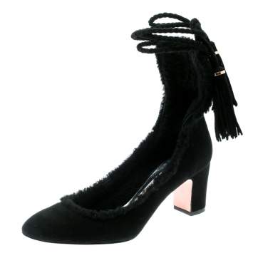 Pre Owned Rochas Black Suede/Fur Tassel Tie Up Pumps Size 36