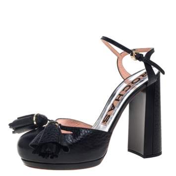 Pre Owned Rochas Black Leather Tassel Detail Block Heel Ankle Strap Platform Sandals Size 38.5