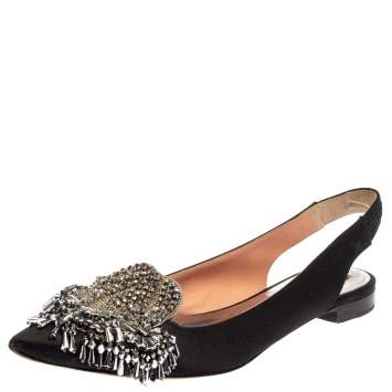 Pre Owned Rochas Black Satin Embellished Flat Slingback Sandals Size 36