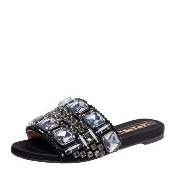 Pre Owned Rochas Black Crystals Embellished Suede Flat Slides Size 38