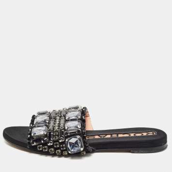 Pre Owned Rochas Black Crystal Embellished Suede Flat Slides Size 39