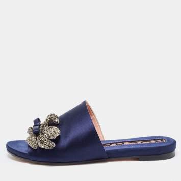 Pre Owned Rochas Navy Blue Satin Crystal Embellished Bow Slide Flats Size 36