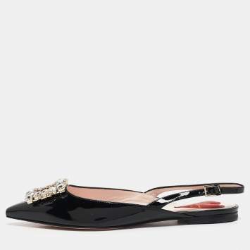 Pre Owned Roger Vivier Black Patent Leather Strass Buckle Slingback Flats Size 37