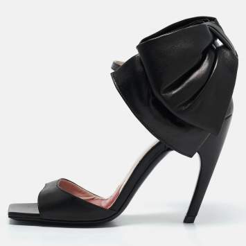 Pre Owned Roger Vivier Black Leather Viv' Choc Back Bow Sandals Size 38