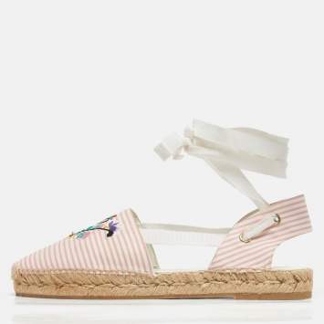 Pre Owned Roger Vivier Pink/White Stripe Fabric Ankle Wrap Espadrille Flats Size 40