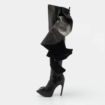 Pre Owned Roger Vivier Viv Size 36 Black Leather Knee Length Boots                