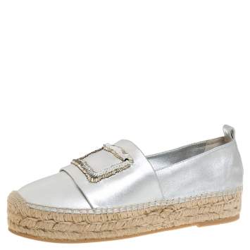 Pre Owned Roger Vivier Metallic Silver Bead and Sequin Embellished Espadrille Flats Size 39