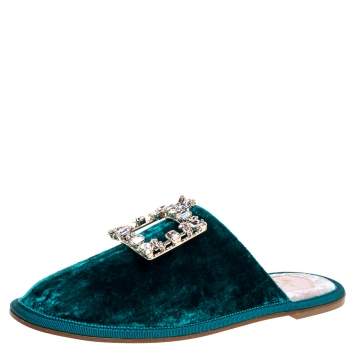 Pre Owned Roger Vivier Green Velvet Hotel Vivier Crystal-Embellished Flat Slippers Size 37