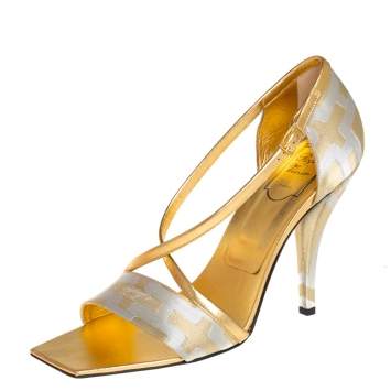 Pre Owned Roger Vivier Silver/Gold Satin And Leather Open Toe Ankle Strap Sandals Size 40