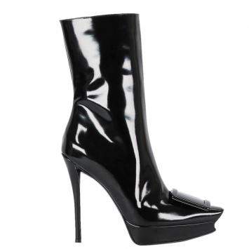 Pre Owned Roger Vivier Black Leather Vivier Choc Covered Buckle Platform Booties Size IT 36