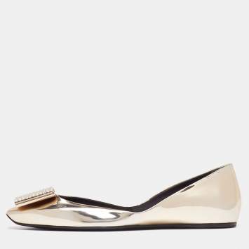 Pre Owned Roger Vivier Gold Leather Crystal Embellishment Ballet Flats Size 37