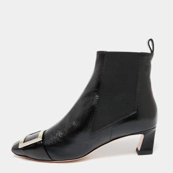 Pre Owned Roger Vivier Black Patent Leather Trompette Chelsea Ankle Boots Size 39