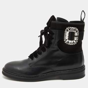 Pre Owned Roger Vivier Black Leather and Suede Viv Rangers Strass Buckle Combat Boots Size 42