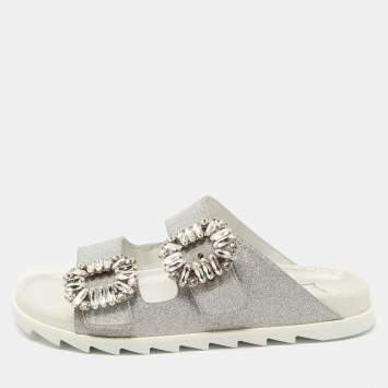 Pre Owned Roger Vivier Silver Glitter Slidy Viv Slides Size 36