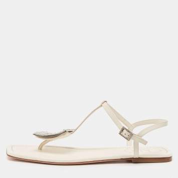 Pre Owned Roger Vivier Off White Leather Crystal Embellished Flat Thong Sandals Size 39