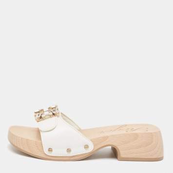 Pre Owned Roger Vivier White Leather Slides Size 36