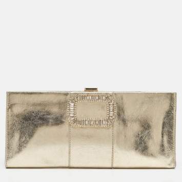 Pre Owned Roger Vivier Gold Leather Crystals Embellished Pilgrim Clutch