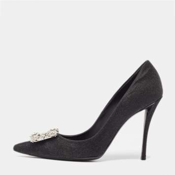 Pre Owned Roger Vivier Black Glitter Fabric Flower Strass Buckle Pumps Size 40