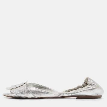 Pre Owned Roger Vivier Silver Leather Open Toe Ballet Flats Size 36