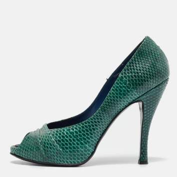 Pre Owned Roger Vivier Green Snakeskin Leather Peep Toe Pumps Size 37.5