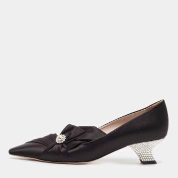 Pre Owned Roger Vivier Black Satin Crystals Embellished Bow Pumps Size 39