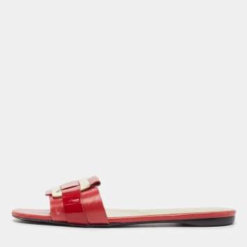 Pre Owned Roger Vivier Red/Gold Patent and Leather Pilgrim De Jour Slide Flats Size 37
