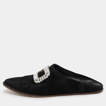 Pre Owned Roger Vivier Black Suede Embellished Mules Size 38.5