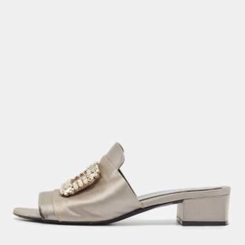 Pre Owned Roger Vivier Grey Satin Crystal Embellished Slide Sandals Size 38