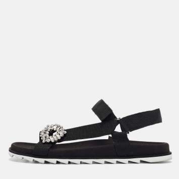 Pre Owned Roger Vivier Black Canvas Crystal Embellished Flat Sandals Size  41