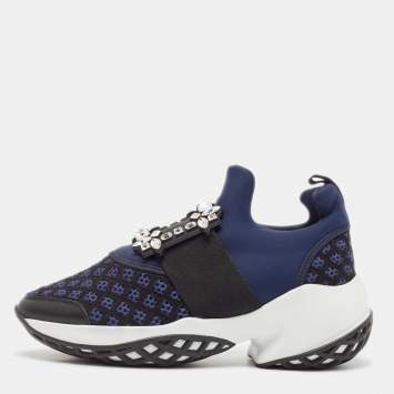 Pre Owned Roger Vivier Blue Leather and Mesh Viv Run Strass Slip On Sneakers Size 38