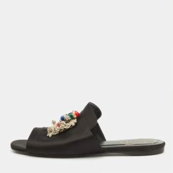 Pre Owned Roger Vivier Black Satin Crystal Embellished Flat Slides Size 39