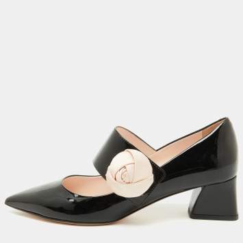 Pre Owned Roger Vivier Black Patent Leather Floral Applique Mary Jane Pumps Size 37.5