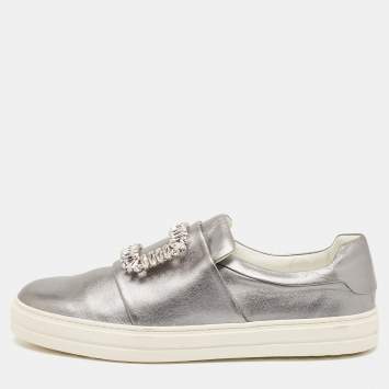Pre Owned Roger Vivier Silver Leather Sneaky Viv Lace Up Sneakers Size 41