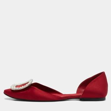 Pre Owned Roger Vivier Red Satin Crystal Embellished D'orsay Ballet Flats Size 38