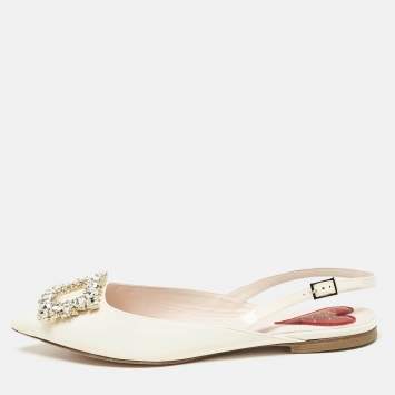 Pre Owned Roger Vivier Off White Patent Leather Strass Buckle Slingback Flats Size 37