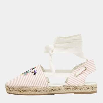 Roger Vivier Pink/White Stripe Fabric Floral Embroidered Wrap Espadrille Sandals Size 40
