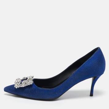 Pre Owned Roger Vivier Blue Glitter Fabric Efflorescence Pumps Size 38