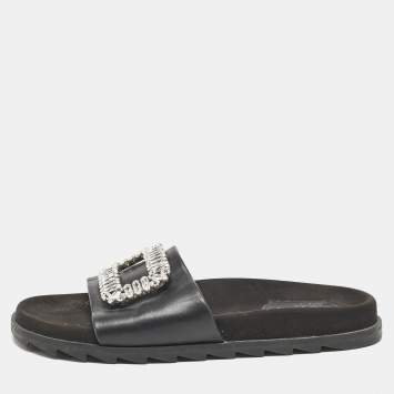 Pre Owned Roger Vivier Black Leather Crystal Embellished Flat Slide Sandals Size 37