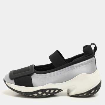 Pre Owned Roger Vivier Blue/Black Satin Embellished Slip On Sneakers Size 37
