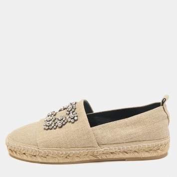 Roger Vivier Beige Canvas Crystal Embellished Espadrille Flats Size 36.5