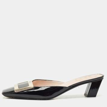 Roger Vivier Black Patent Leather Belle Vivier Mules Size 38