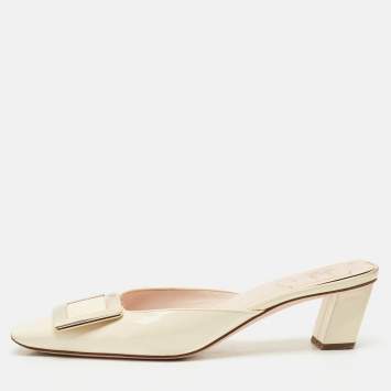 Roger Vivier Cream Patent Leather Belle Vivier Mules Size 37