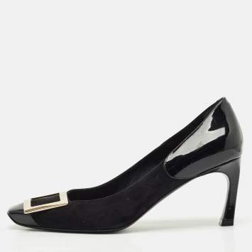 Pre Owned Roger Vivier Black Patent Leather and Suede Trompette Pumps Size 37.5