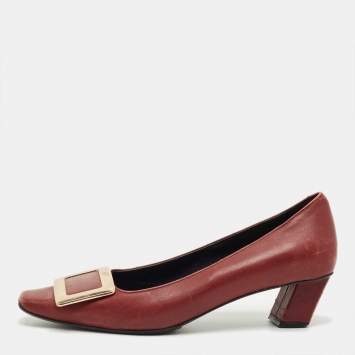 Pre Owned Roger Vivier Burgundy Leather Trompette Block Heel Pumps Size 36